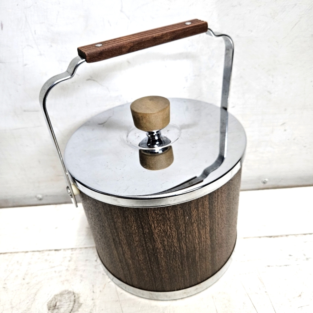 Vintage ATAPCO Ice Bucket Stainless & Faux Wood USA Made Bar Accessory